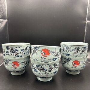 Japanese Tea Cups Sun & Crane Motif Set Of 6 Vintage